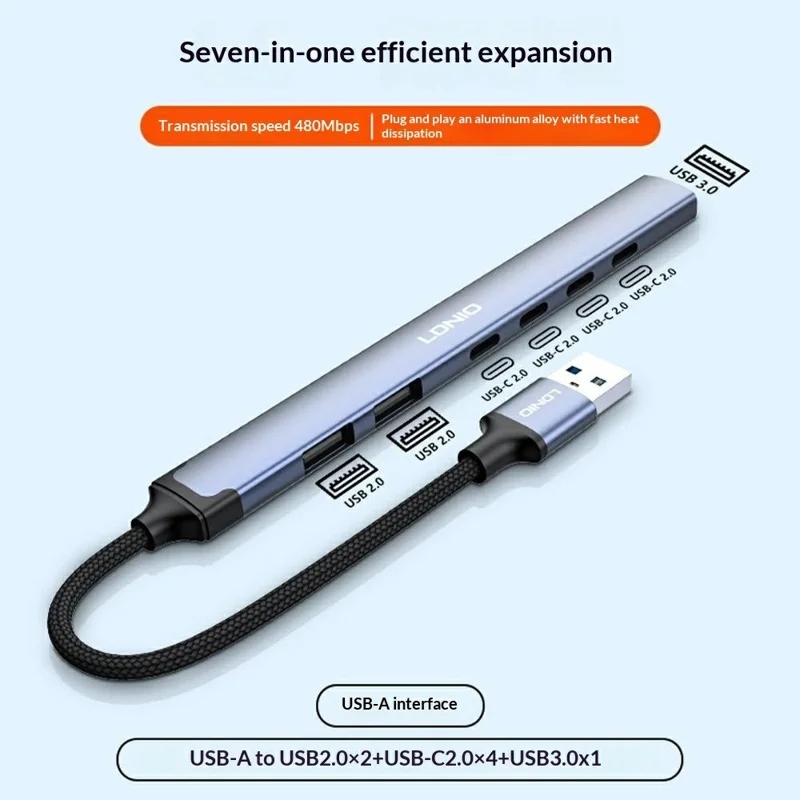 LDNIO DS-87U 7 в 1 концентратор USB-A, алюминиевый сплав, USB 3.0 + 2x USB 2.0 + 4x Type-C 2.0, разветвитель — серый