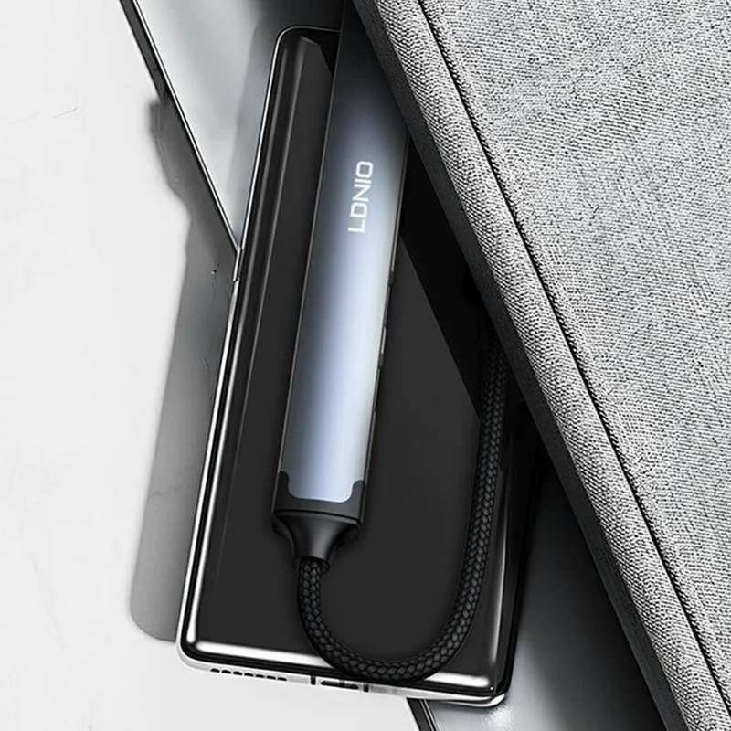 LDNIO DS-87U 7 в 1 концентратор USB-A, алюминиевый сплав, USB 3.0 + 2x USB 2.0 + 4x Type-C 2.0, разветвитель — серый
