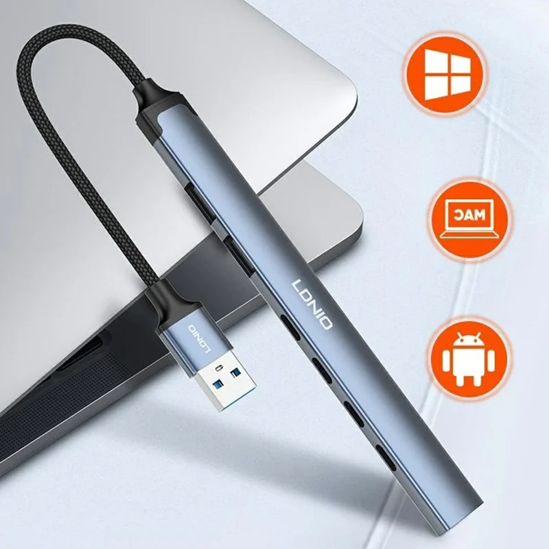 LDNIO DS-87U 7 в 1 концентратор USB-A, алюминиевый сплав, USB 3.0 + 2x USB 2.0 + 4x Type-C 2.0, разветвитель — серый