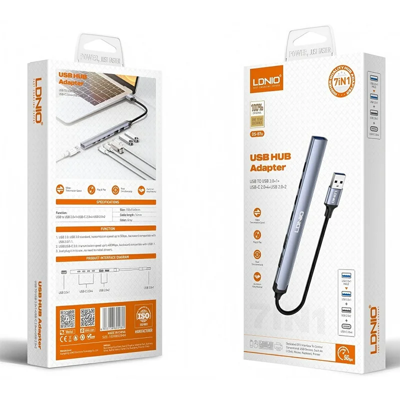 LDNIO DS-87U 7 в 1 концентратор USB-A, алюминиевый сплав, USB 3.0 + 2x USB 2.0 + 4x Type-C 2.0, разветвитель — серый