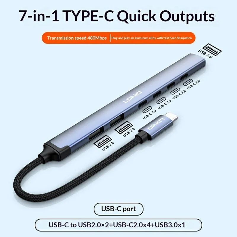 LDNIO DS-87C 7 в 1 USB-C концентратор USB 3.0 + USB 2.0 разветвитель из алюминиевого сплава, адаптер для высокоскоростной передачи данных - Серый