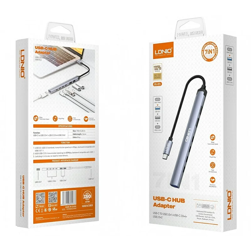 LDNIO DS-87C 7 в 1 USB-C концентратор USB 3.0 + USB 2.0 разветвитель из алюминиевого сплава, адаптер для высокоскоростной передачи данных - Серый