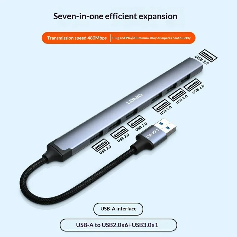 LDNIO DS-97U 7 в 1 концентратор USB высокой скорости USB 3.0 + 6x USB 2.0 адаптер-разветвитель для ПК ноутбука - Серый