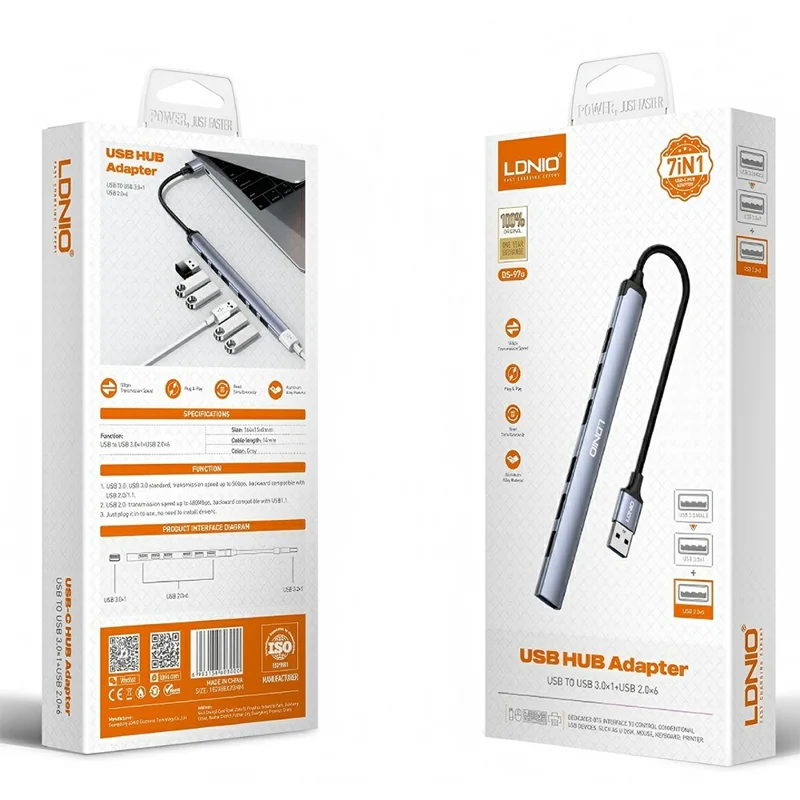 LDNIO DS-97U 7 в 1 концентратор USB высокой скорости USB 3.0 + 6x USB 2.0 адаптер-разветвитель для ПК ноутбука - Серый