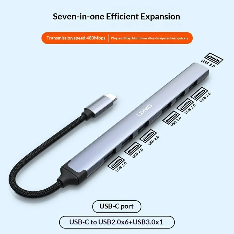 LDNIO DS-97C алюминиевый сплав Type-C хаб 7 в 1 USB-C на USB3.0 + 6x USB2.0 разветвитель-адаптер — серый