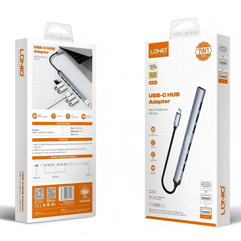 LDNIO DS-97C алюминиевый сплав Type-C хаб 7 в 1 USB-C на USB3.0 + 6x USB2.0 разветвитель-адаптер — серый