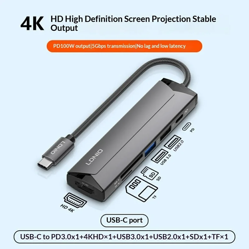 LDNIO DS-56H USB-C Hub 6 in 1 Docking Station 4K HD PD 100W Fast Charging USB 3.0 / 2.0 SD TF Card Reader - Grey