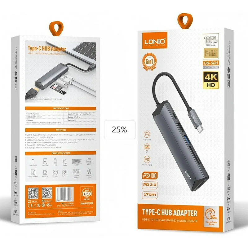 LDNIO DS-56H USB-C Hub 6 in 1 Docking Station 4K HD PD 100W Fast Charging USB 3.0 / 2.0 SD TF Card Reader - Grey