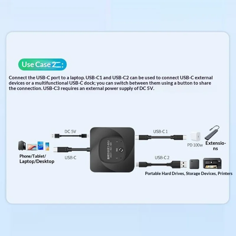 C-HD019 USB-C Switch 2-in-1 Out Bidirectional Converter 8K 60Hz 10Gbps Data Transfer 100W PD Charging - Black