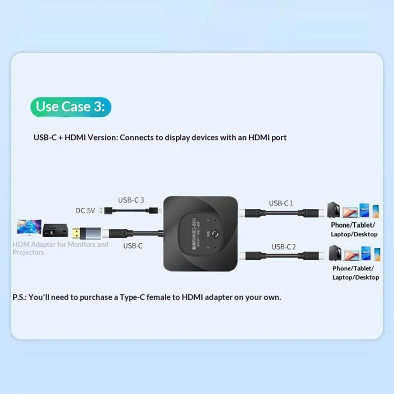 C-HD019 USB-C Switch 2-in-1 Out Bidirectional Converter 8K 60Hz 10Gbps Data Transfer 100W PD Charging - Black