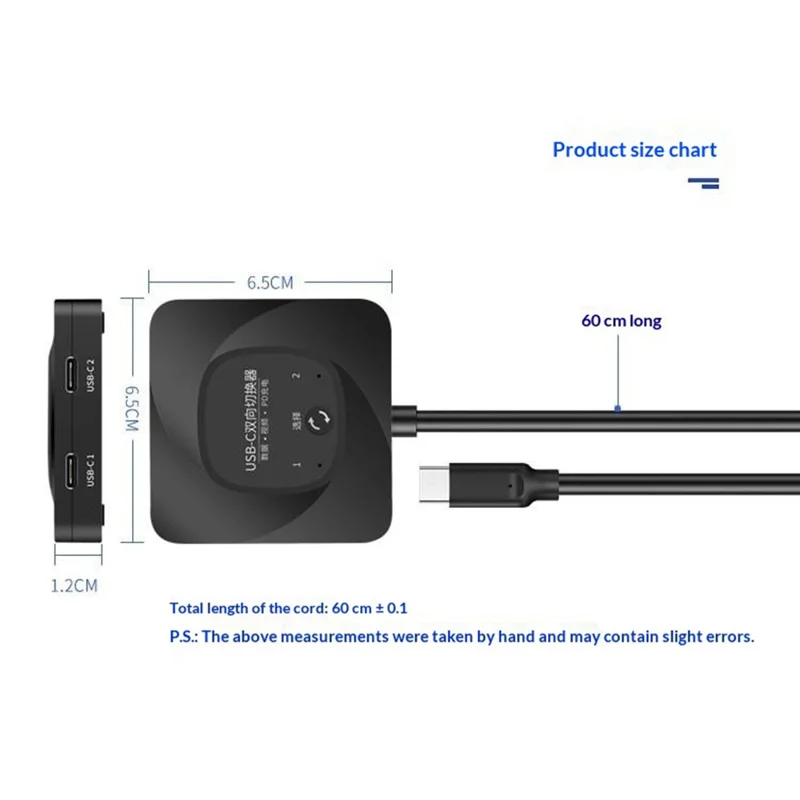 C-HD019 USB-C Switch 2-in-1 Out Bidirectional Converter 8K 60Hz 10Gbps Data Transfer 100W PD Charging - Black