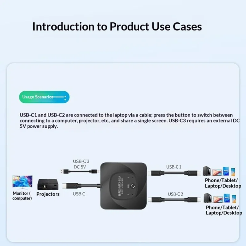 C-HD019 USB-C Switch 2-in-1 Out Bidirectional Converter 8K 60Hz 10Gbps Data Transfer 100W PD Charging - Black