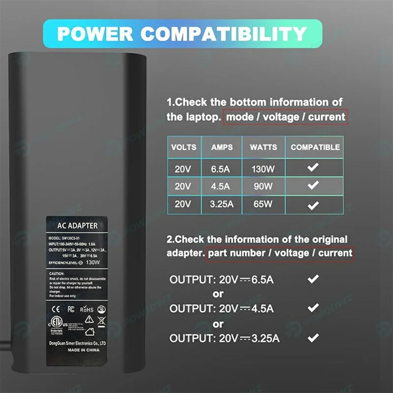 130W USB-C Power Adapter for Dell XPS 15 9500 / 9510 / XPS 17 9700 /  9720 Laptop Charger - EU Plug