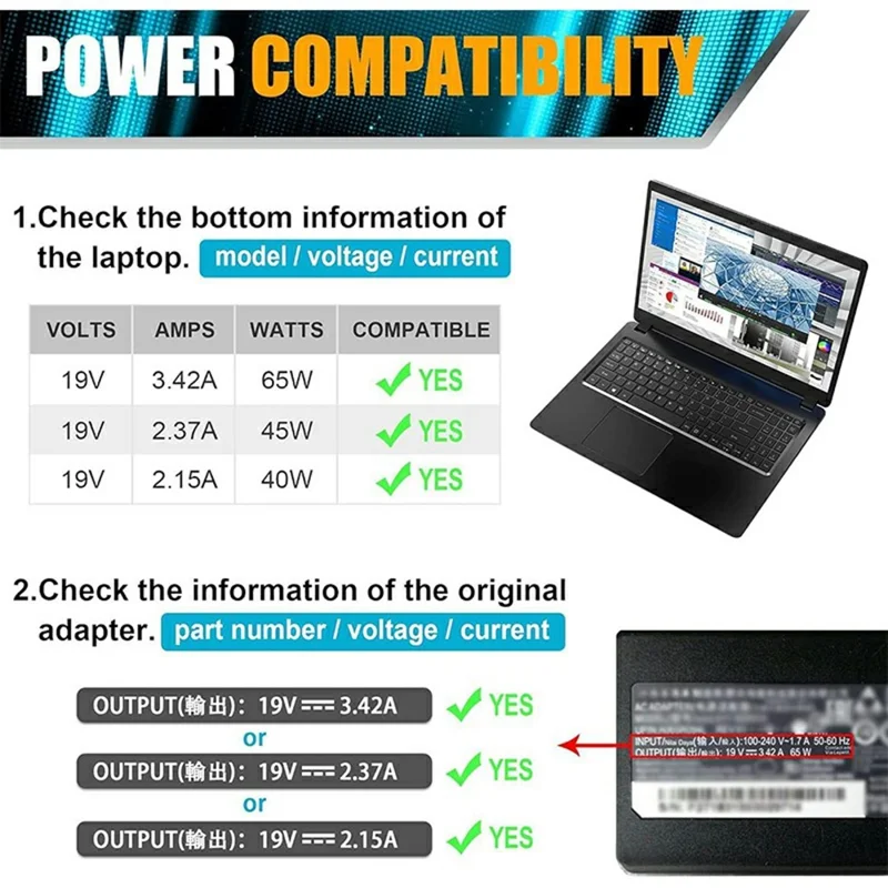65 W, 19 V, 3,42 A Laptop-Netzteil für Acer Chromebook 14 / 15 / R11 / Aspire 1 – EU-Stecker