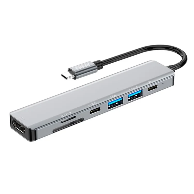 ENKAY HAT PRÍNCIPE Estación de concentrador de extensión Type-C a salida de vídeo HD 4K + Puerto PD de 87 W + 2 ranuras de lector de tarjetas de memoria + USB 2.0 + USB 3.0 + Puerto USB-C para computadora portátil