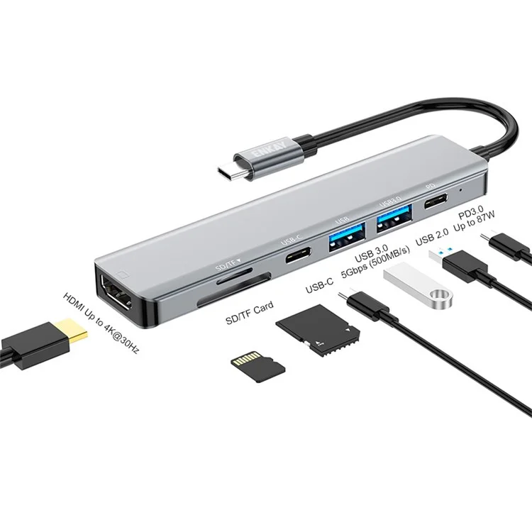 ENKAY HAT PRÍNCIPE Estación de concentrador de extensión Type-C a salida de vídeo HD 4K + Puerto PD de 87 W + 2 ranuras de lector de tarjetas de memoria + USB 2.0 + USB 3.0 + Puerto USB-C para computadora portátil
