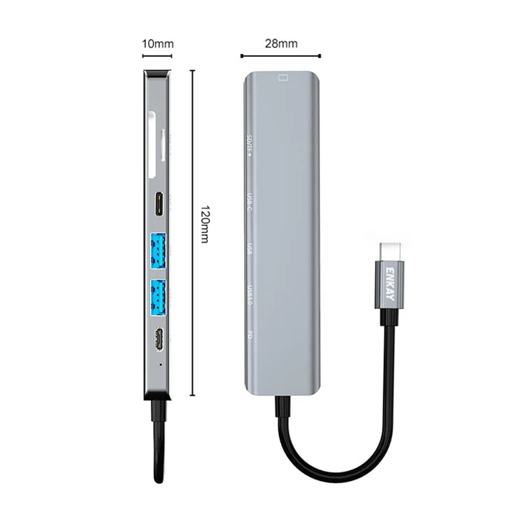 ENKAY HAT PRÍNCIPE Estación de concentrador de extensión Type-C a salida de vídeo HD 4K + Puerto PD de 87 W + 2 ranuras de lector de tarjetas de memoria + USB 2.0 + USB 3.0 + Puerto USB-C para computadora portátil