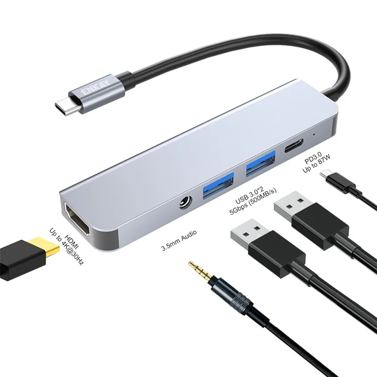 Enkay Hat Prince 5-in-1 USB-C Hub Station Tipo-c a HD 4K Dual USB3.0 3.5 mm Jack de Audio PD 60W Cargo Rápido