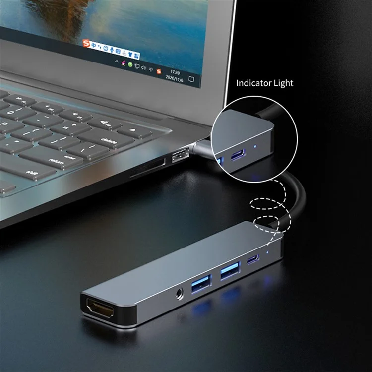 Enkay Hat Prince 5-in-1 USB-C Hub Station Tipo-c a HD 4K Dual USB3.0 3.5 mm Jack de Audio PD 60W Cargo Rápido