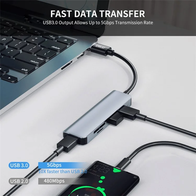ENKAY HAT PRINCE 5-in-1 USB Hub  Multi-Port Adapter Converter to USB3.0 + 2xUSB2.0 + SD / TF Card Reader for Extended Monitor PC Laptop Desktop