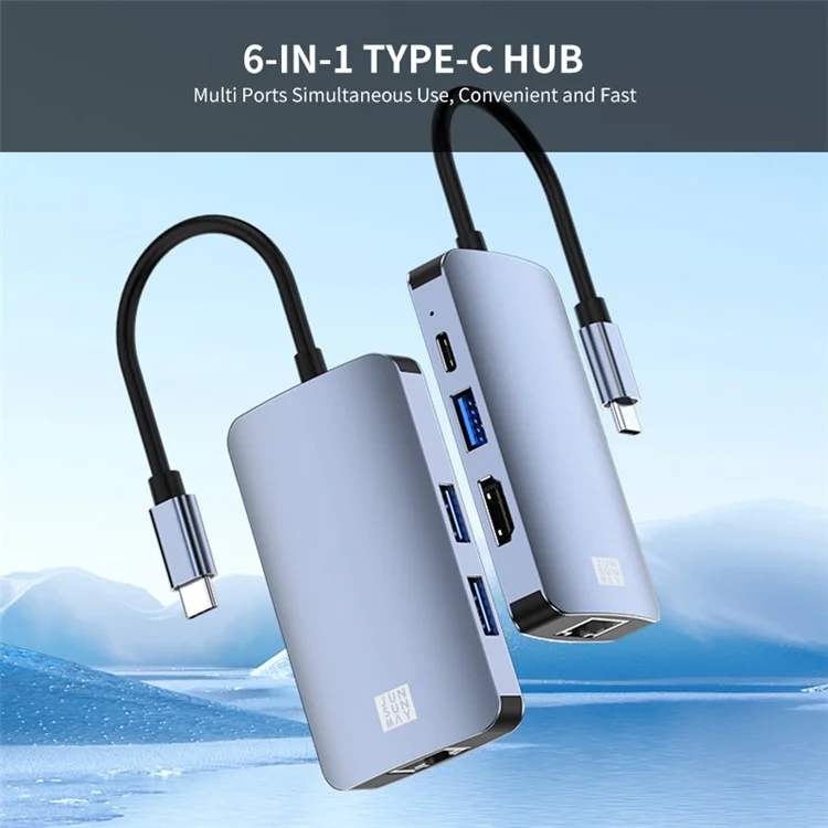 Junsunmay JSM-HUB003 Tipo-c Hub Adapter 6-in-1 USB-C Estación de Acoplamiento Soporte 4K HD Video, 100Mbps, 87W PD Cargo Converter