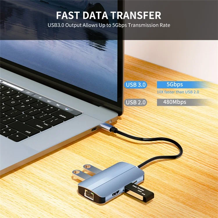 JUNSUNMAY JSM-HUB003 Type-C концентратор-адаптер 6-в-1 USB-C док-станция разветвитель, поддержка 4K HD видео, 100 Мбит/с, 87 Вт PD зарядка Конвертер