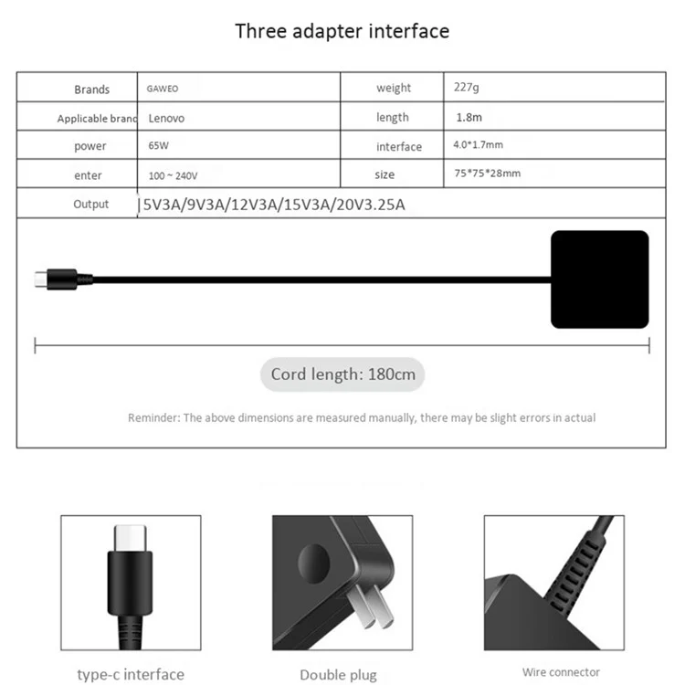 For Lenovo Thinkpad X1 Carbon / Yoga 20V 3.25A 65W USB Type-C AC Laptop Power Adapter 1.8m Cable - EU Plug