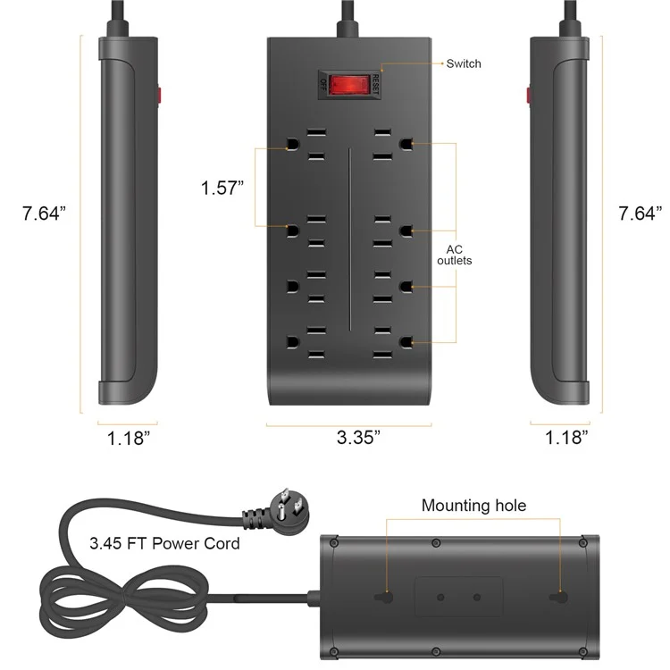 U8 US Plug Surge Protection Power Strip Charging Station Powerstrip with 8 Outlets