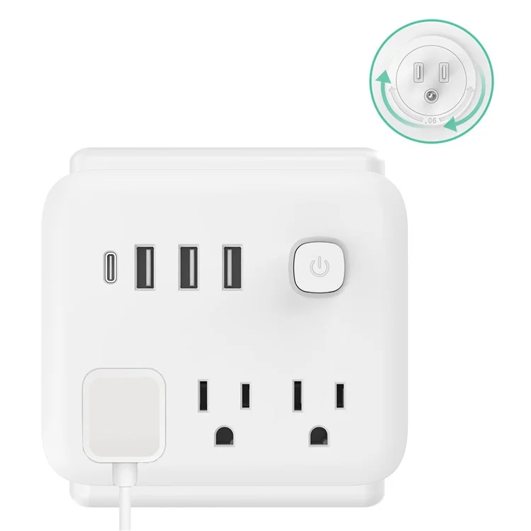 El-111 Power Wall Plugs Prings us Plug Power Bround Avec 3 Prises, 3 USB, 1 Type-C - Blanc