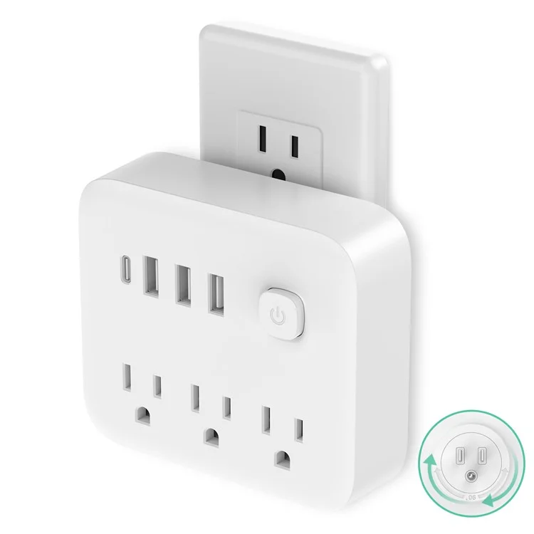 El-111 Power Wall Plugs Prings us Plug Power Bround Avec 3 Prises, 3 USB, 1 Type-C - Blanc