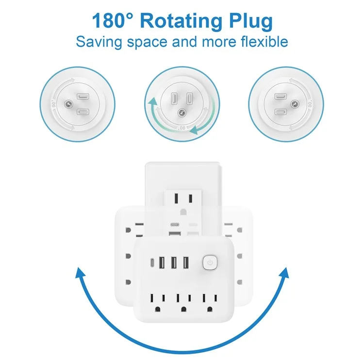 El-111 Power Wall Plugs Prings us Plug Power Bround Avec 3 Prises, 3 USB, 1 Type-C - Blanc
