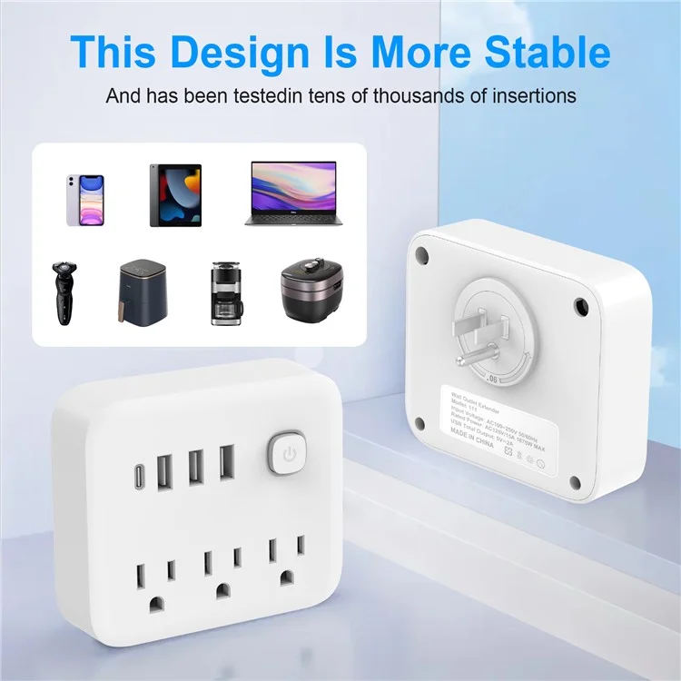 El-111 Power Wall Plugs Prings us Plug Power Bround Avec 3 Prises, 3 USB, 1 Type-C - Blanc