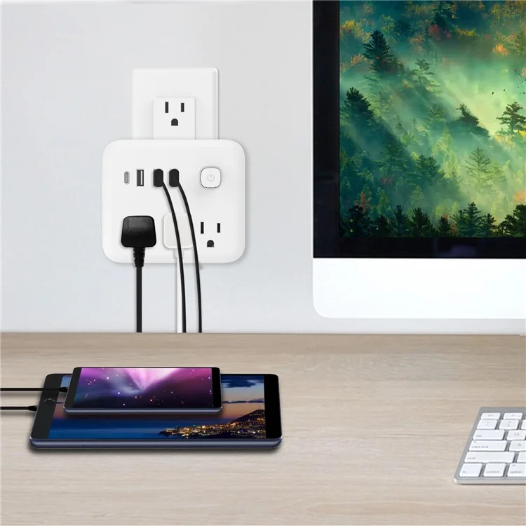El-111 Power Wall Plugs Prings us Plug Power Bround Avec 3 Prises, 3 USB, 1 Type-C - Blanc