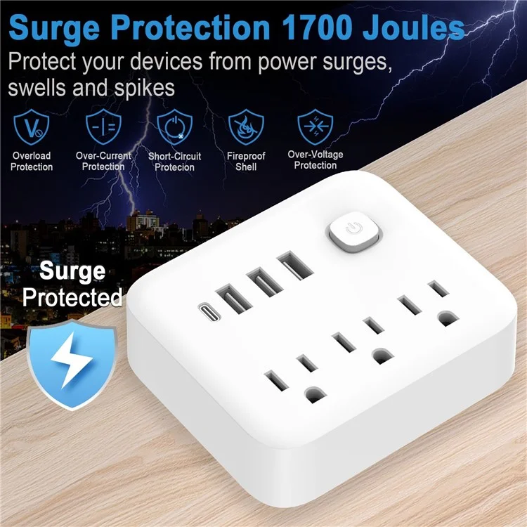 El-111 Power Wall Plugs Prings us Plug Power Bround Avec 3 Prises, 3 USB, 1 Type-C - Blanc