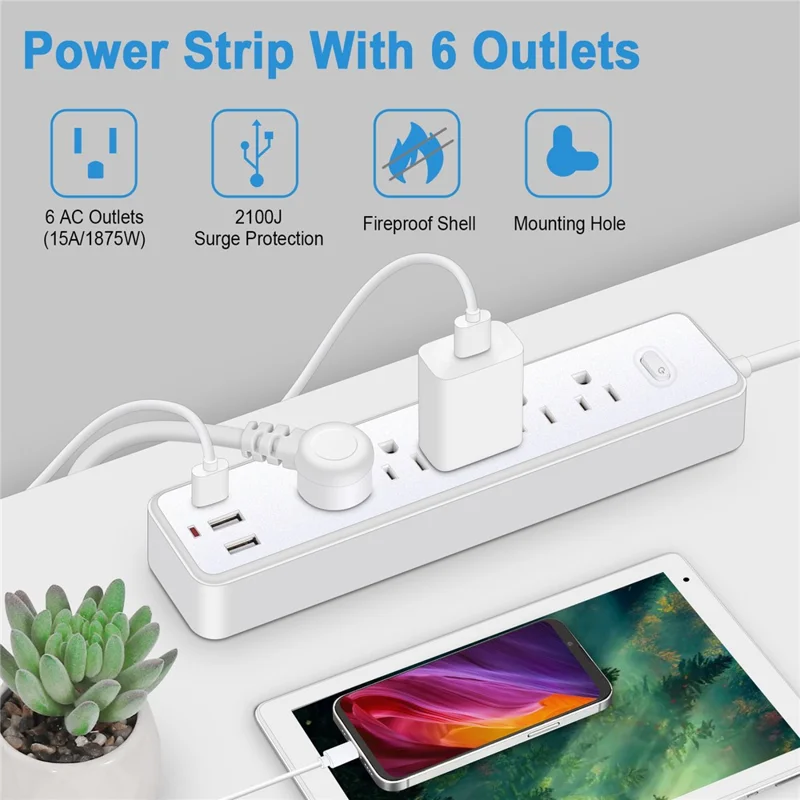 EL-10 Us-stecker-puls-streifen-ladestation Mit 5 Wechselstrom-steckdosen + 3 Usb-anschlüsse - Weiß