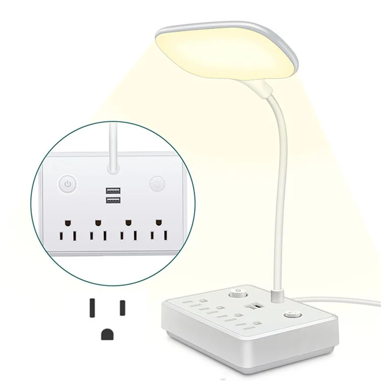 LD-4 Dimmable Desk Lamp US Plug Table Reading Light with 2 USB and 4 AC Outlets for Home, Hotel
