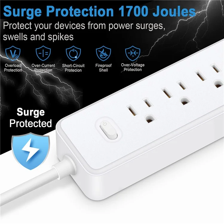 EL-09 US Plug Surge Protection Power Strip Charging Station with 4 AC Outlets and 3 USB Ports - White