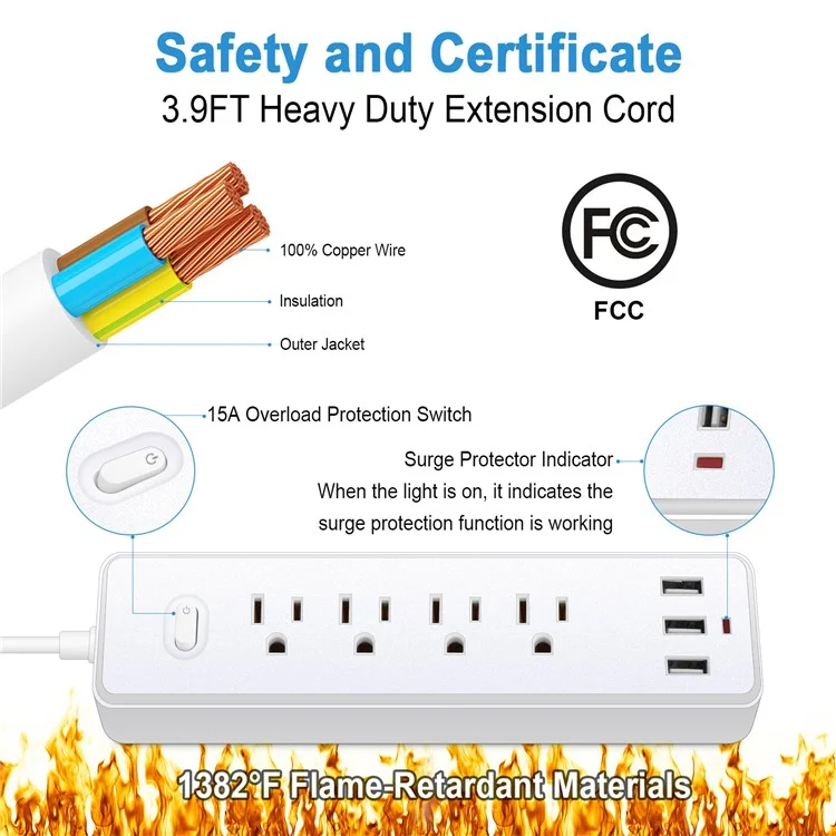 EL-09 US Plug Surge Protection Power Strip Charging Station with 4 AC Outlets and 3 USB Ports - White