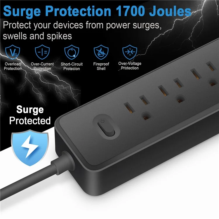 EL-09 US Plug Surge Protection Power Strip Charging Station with 4 AC Outlets and 3 USB Ports - White