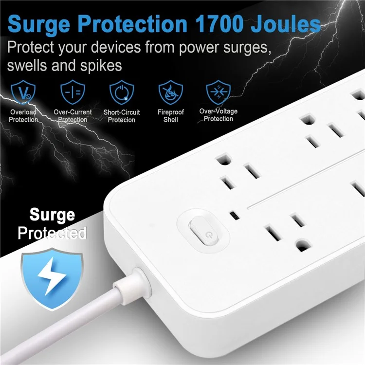 EL-06 US Plug Surge Protection Power Strip Charging Station with 6 AC Outlets, 3 USB and 1 Type-C