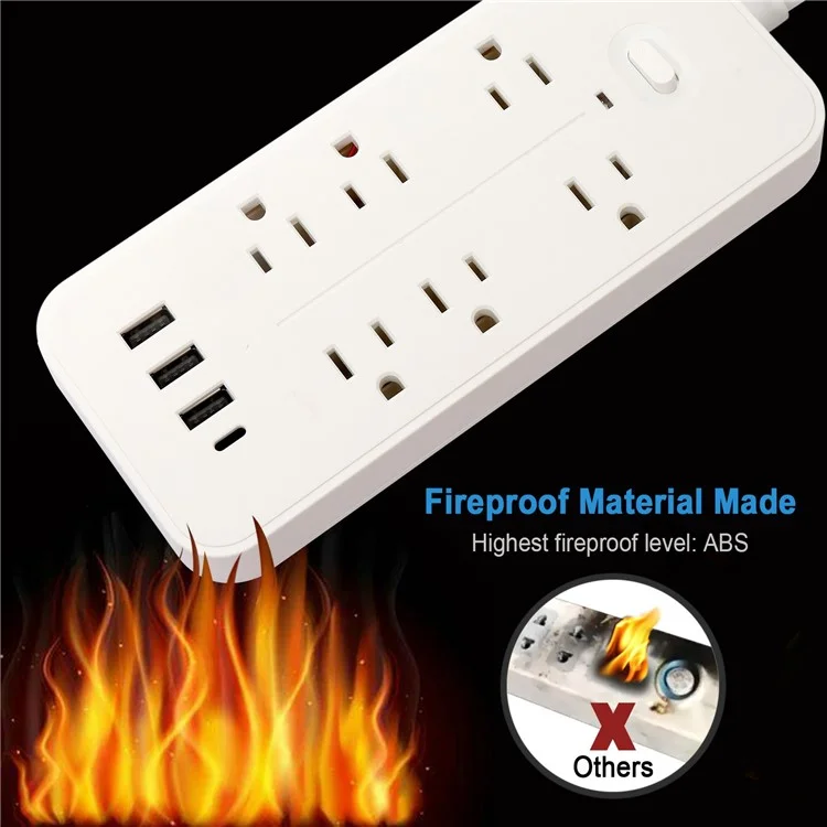 EL-06 US Plug Surge Protection Power Strip Charging Station with 6 AC Outlets, 3 USB and 1 Type-C
