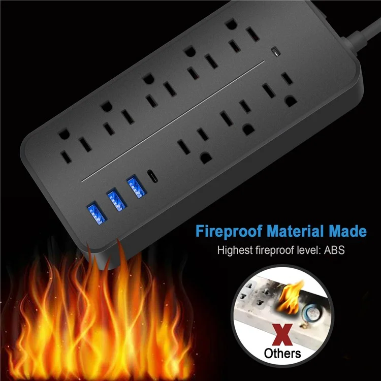 EL-08 US Plug Surge Protection Power Strip Charging Station with 8 AC Outlets, 3 USB and 1 Type-C