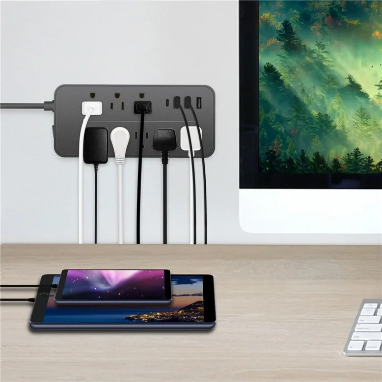 EL-08 US Plug Surge Protection Power Strip Charging Station with 8 AC Outlets, 3 USB and 1 Type-C