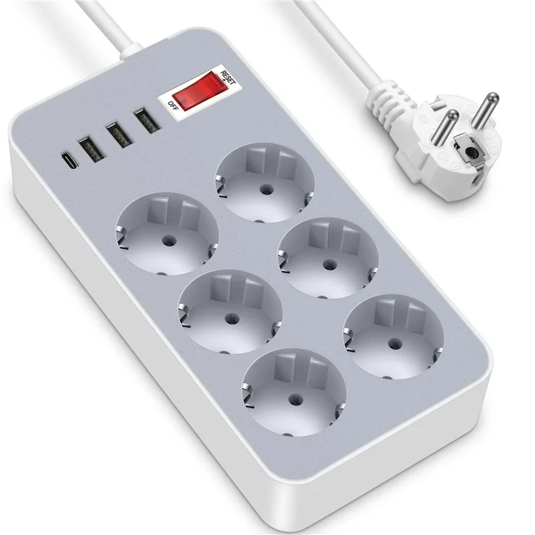 UN-106 EU Plug Power Strip Button Switch Power Socket with 6 AC Outlets + 3 USB + 1 Type-C