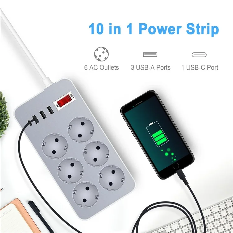 UN-106 EU Plug Power Strip Button Switch Power Socket with 6 AC Outlets + 3 USB + 1 Type-C