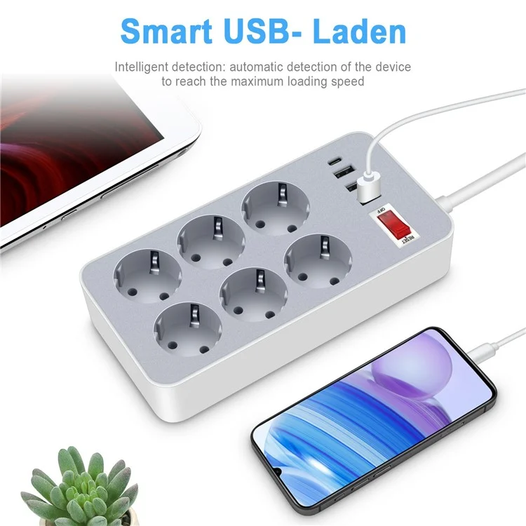 UN-106 EU Plug Power Strip Button Switch Power Socket with 6 AC Outlets + 3 USB + 1 Type-C