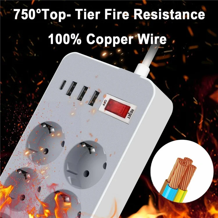 UN-106 EU Plug Power Strip Button Switch Power Socket with 6 AC Outlets + 3 USB + 1 Type-C
