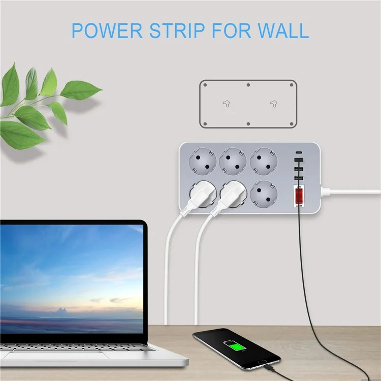 UN-106 EU Plug Power Strip Button Switch Power Socket with 6 AC Outlets + 3 USB + 1 Type-C