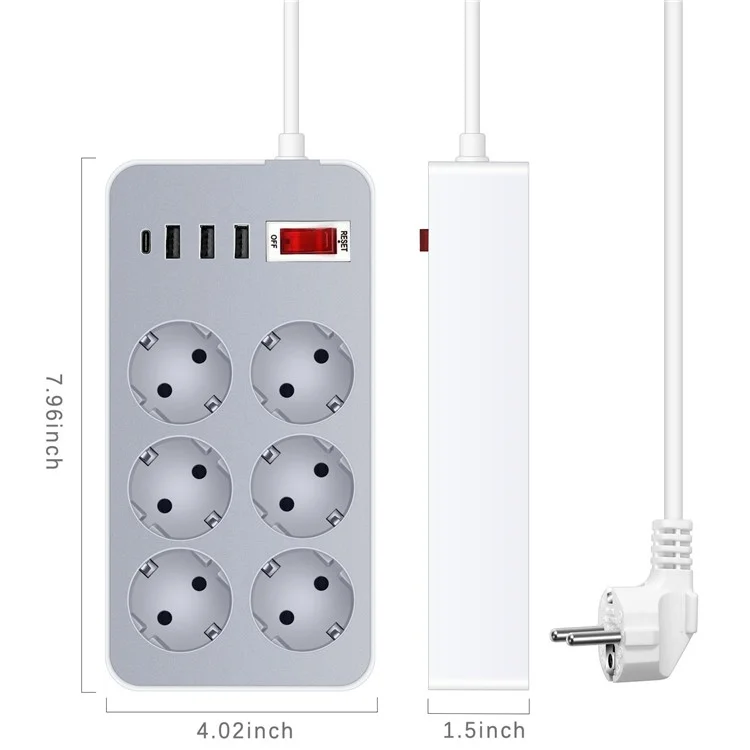 UN-106 EU Plug Power Strip Button Switch Power Socket with 6 AC Outlets + 3 USB + 1 Type-C