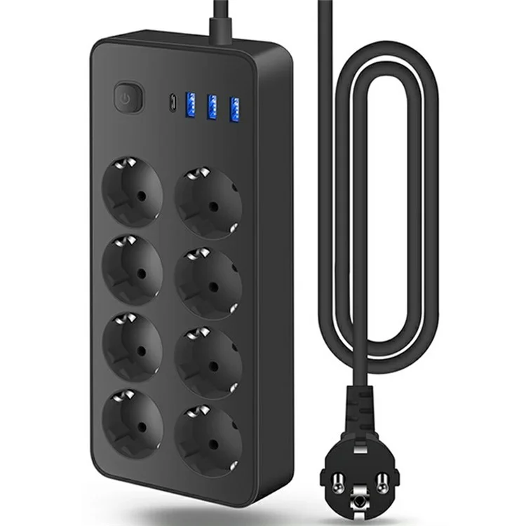 EU-108 EU Plug Multi-Port Power Strip 8 AC Outlets + 3 USB + 1 Type-C Port Charging Station